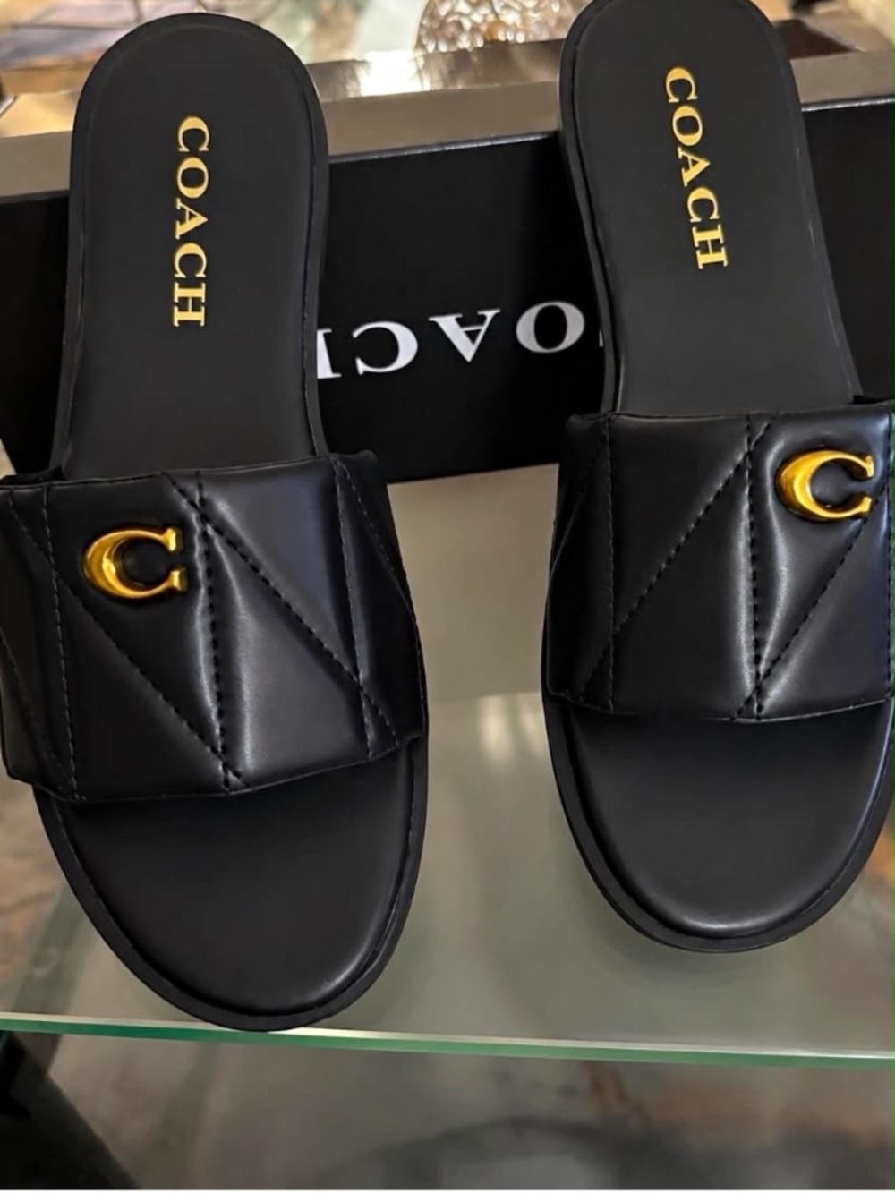 Coach Black Quilted Slide Sandals with Gold 'C' Accent